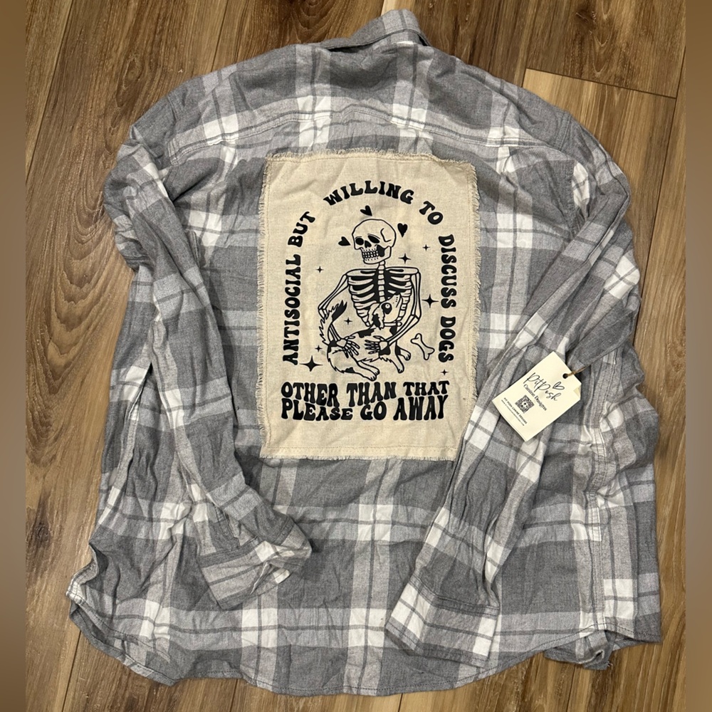 Gray Plaid flannel Shirt with antisocial dog patch on back NWT